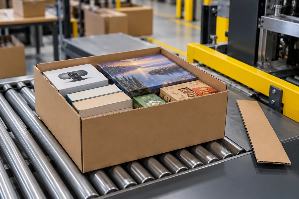 An open shipping carton with mixed products on a roller conveyor at a packing station