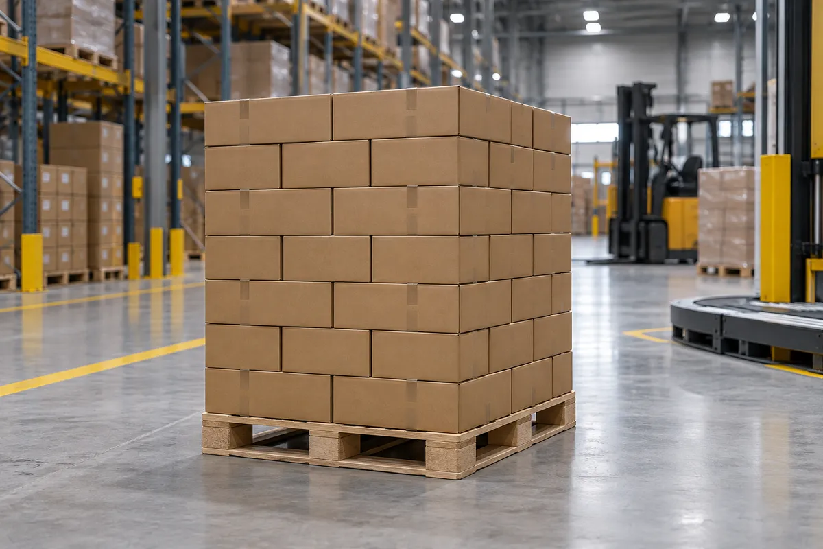 A pallet of identical cartons stacked in an interlocking pattern in a warehouse aisle