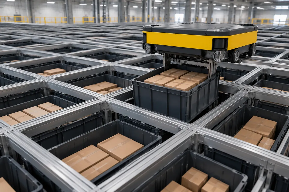 Storage totes with cartons in an automated storage grid, one tote lifted by a robot